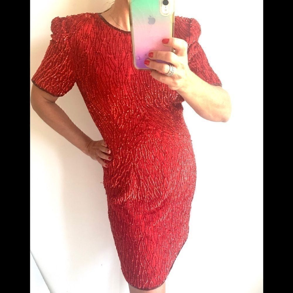VINTAGE RED BEADED SILK CHRISTMAS HOLIDAY DRESS